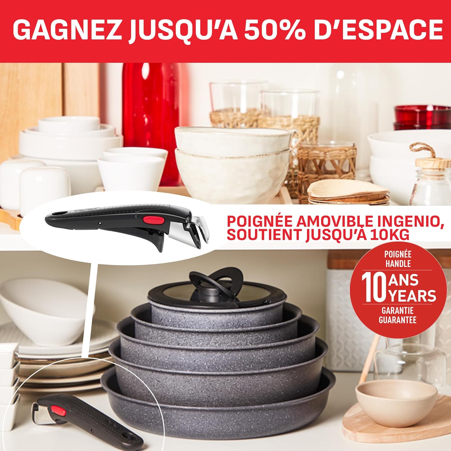 Tefal - Ingenio Natural On - 16/18/20 cm - casseroles induction, poignée amovible, empilables, lave-vaisselle L7669253