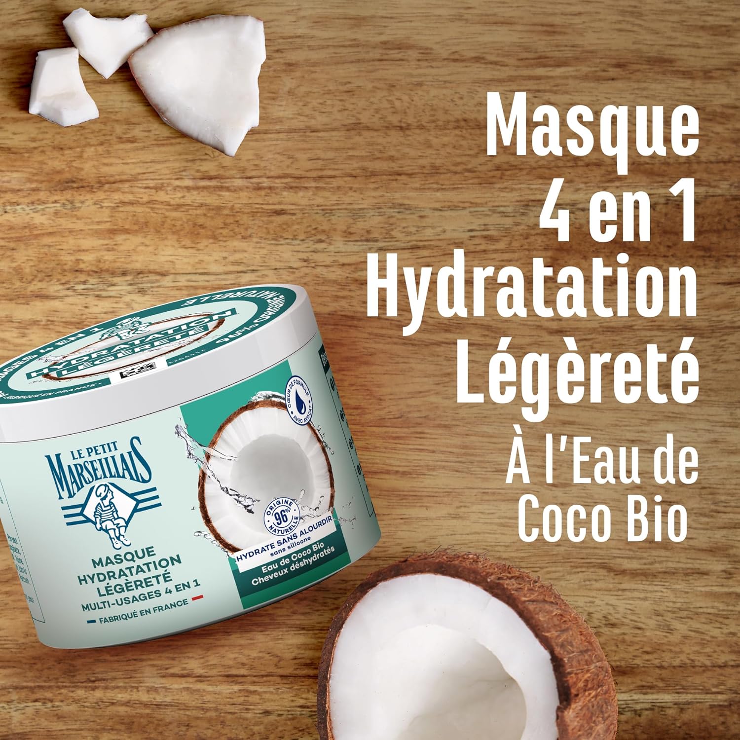 Le Petit Marseillais - Masque 4en1 Eau de Coco Bio 370ml - hydratant cheveux sans silicone 96% naturel