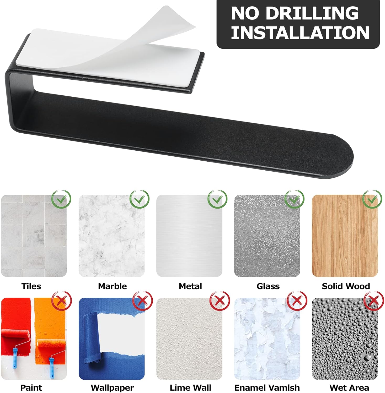 BillyBath - porte-serviette mural série noir - 20 cm - fixation adhésive ou perçage