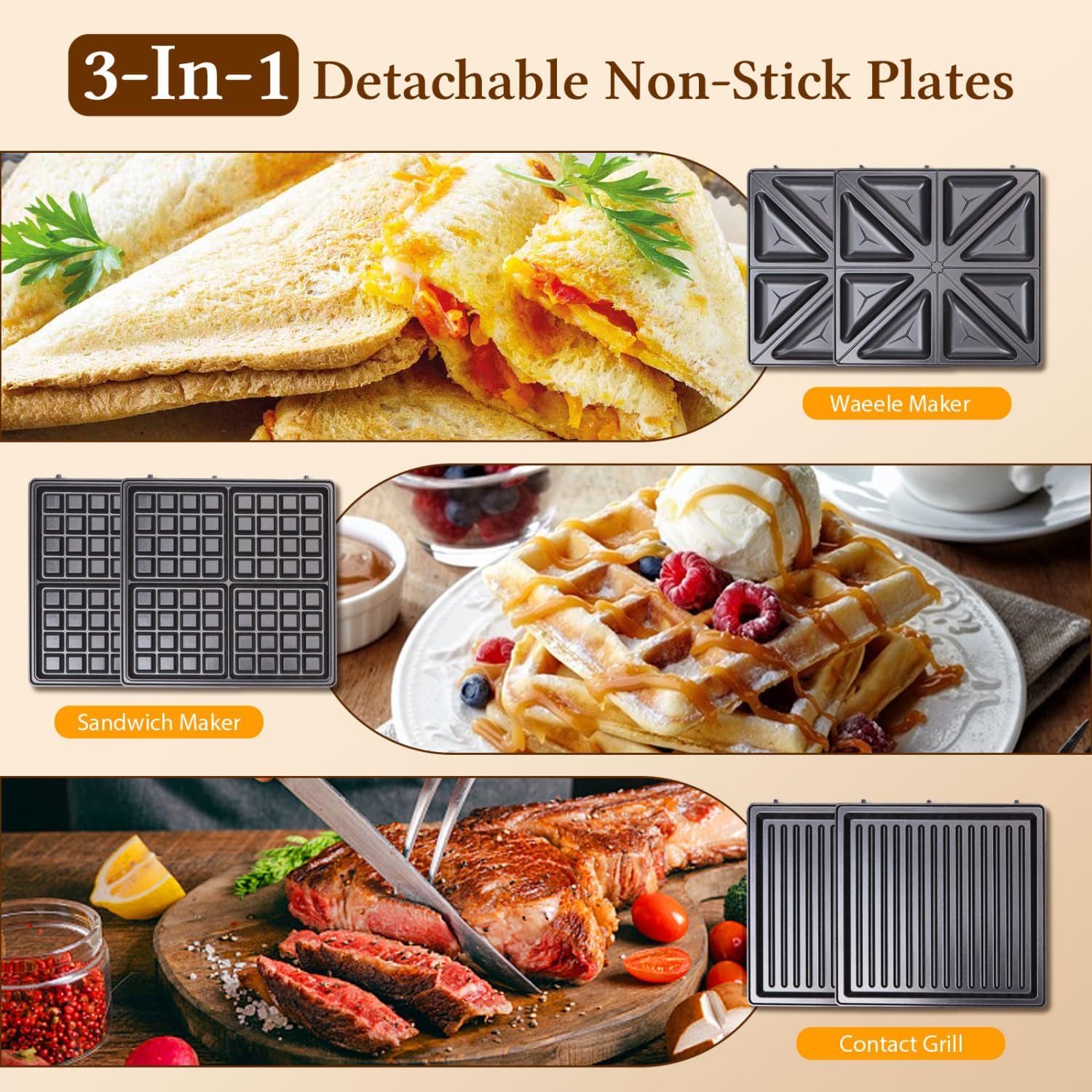 Taylor Swoden – Gaufrier 3-en-1 – 4 sandwichs – 1200W, plaques antiadhésives interchangeables