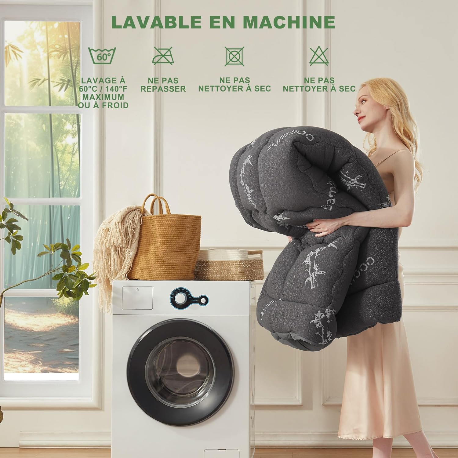 BEDLORE - surmatelas matelassé 140x200 cm, bambou respirant moelleux, bonnet 30 cm, gris foncé