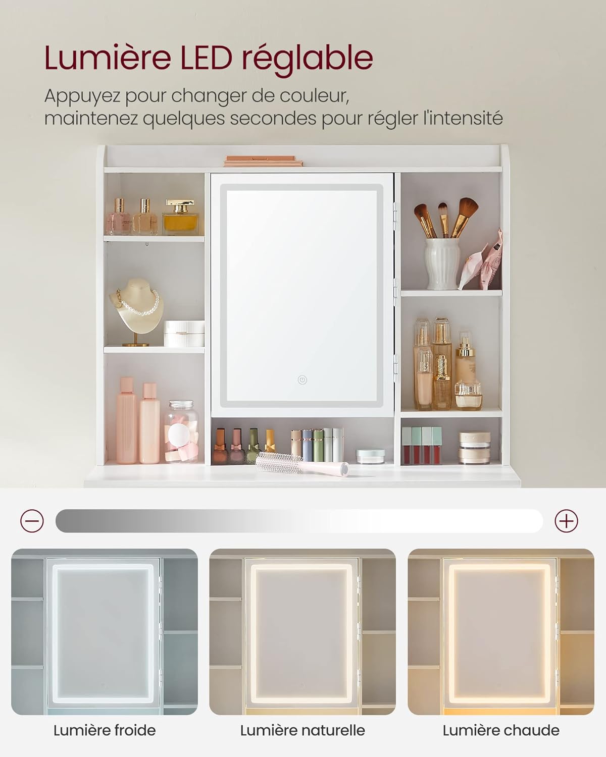 VASAGLE - Kailyn Collection - coiffeuse LED, 3 couleurs, 2 tiroirs, étagère réglable, blanc, RDT723W01