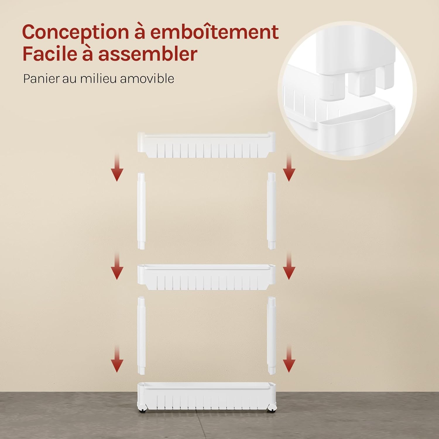 WOLTU - Étagère à roulettes 3 compartiments, compact, blanc