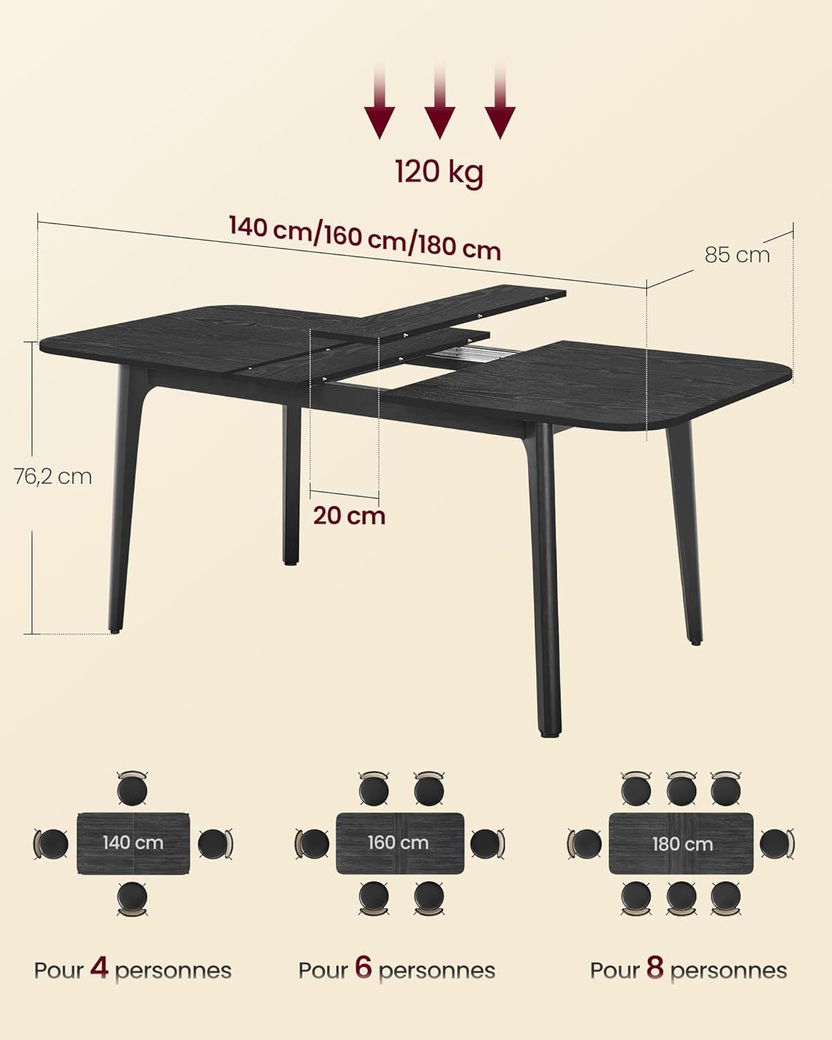 VASAGLE - table extensible design épuré 120kg noir bois KDT090BA02V1