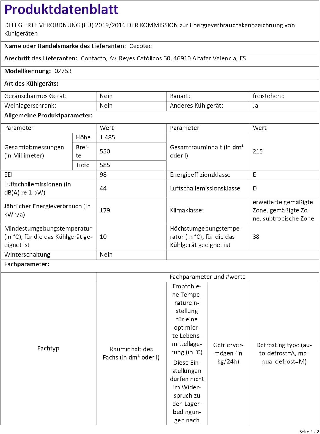 Cecotec - Bolero CoolMarket 2D Origin 215 - 215L, 148x55cm, LED, poignée chromée, étagères verre, noir