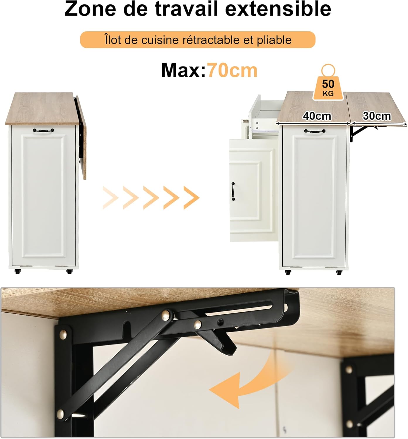 Desserte îlot cuisine - plan de travail rabattable, USB, rangement - blanc - roulettes, tiroir, porte-torchon, poubelle