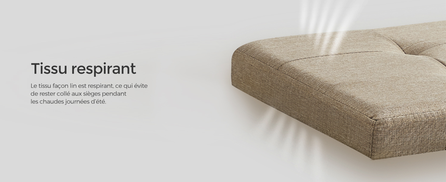 Coussin ou matelas beige à texture visible. Le schéma montre la circulation de l'air à travers le tissu. Le texte en français le décrit comme un tissu respirant.