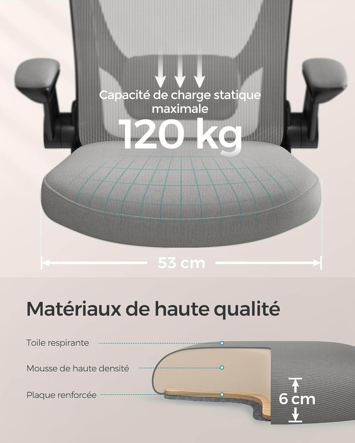 SONGMICS - Chaise bureau ergonomique, 53cm, support lombaire, accoudoirs rabattables, OBN037G01