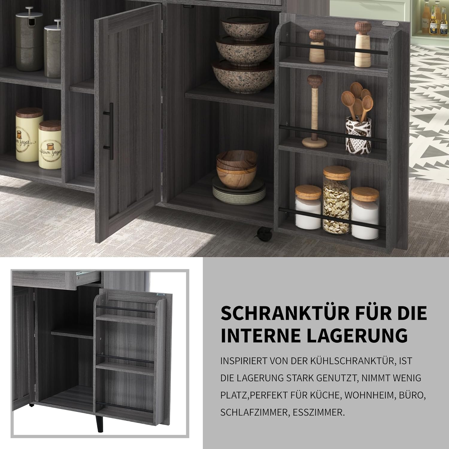 Desserte îlot de cuisine - plans rabattables, 2 tiroirs, 3 casiers - 129x71x91,5cm - gris