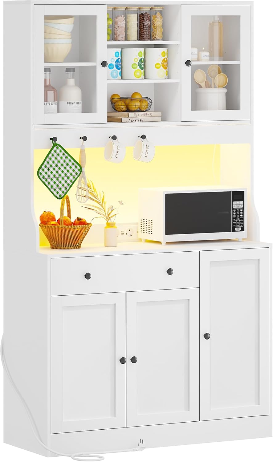 Meuble buffet cuisine - plan de travail LED, multiprise, 103,5x40x180 cm, 4 compartiments, tiroir modulable