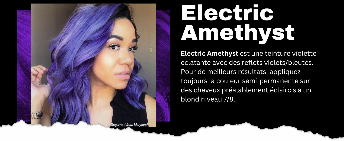 Produit de teinture pour cheveux violet vif nommé « Electric Amethyst ». L'image montre une femme aux longs cheveux violets vifs démontrant le résultat de couleur intense du colorant.