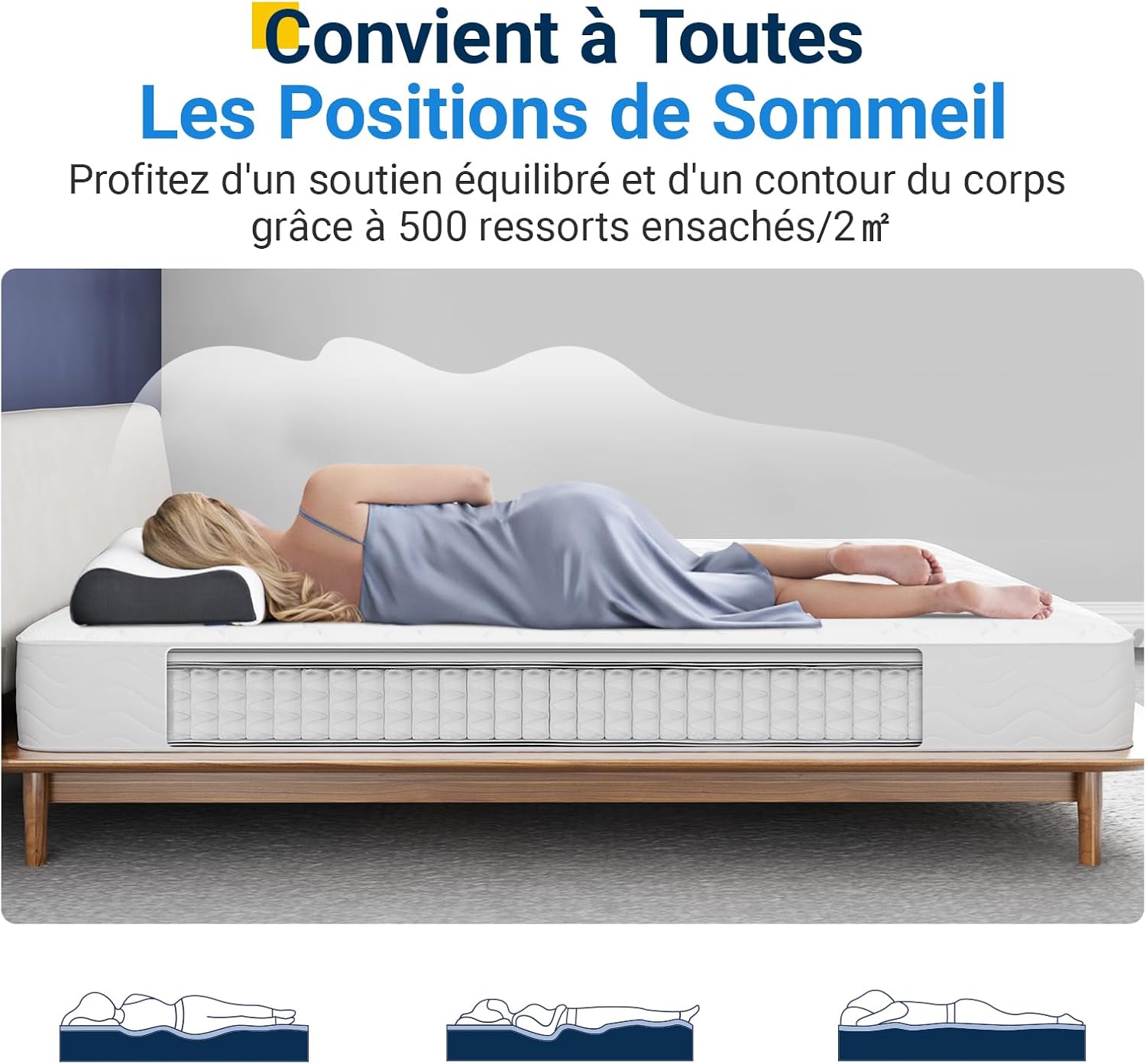 Avenco - Matelas Double - 140x200 cm - Ressorts ensachés, mousse certifiée, soutien lombaire
