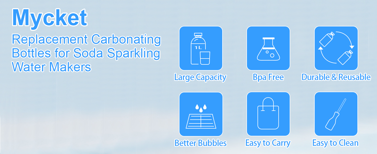 pour machines à soda. Les caractéristiques incluent une grande capacité, un matériau sans BPA, la durabilité, la portabilité et un nettoyage facile