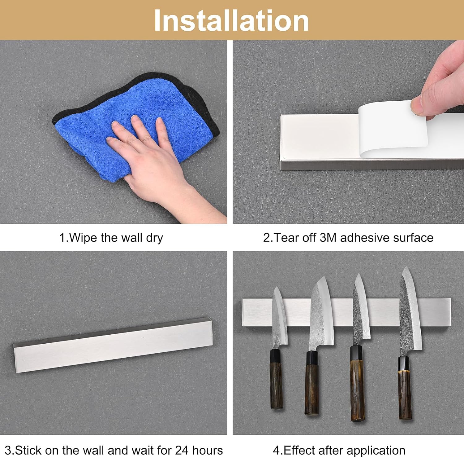 Porte-couteau magnétique - 30 cm - inox, fixation murale sans perçage