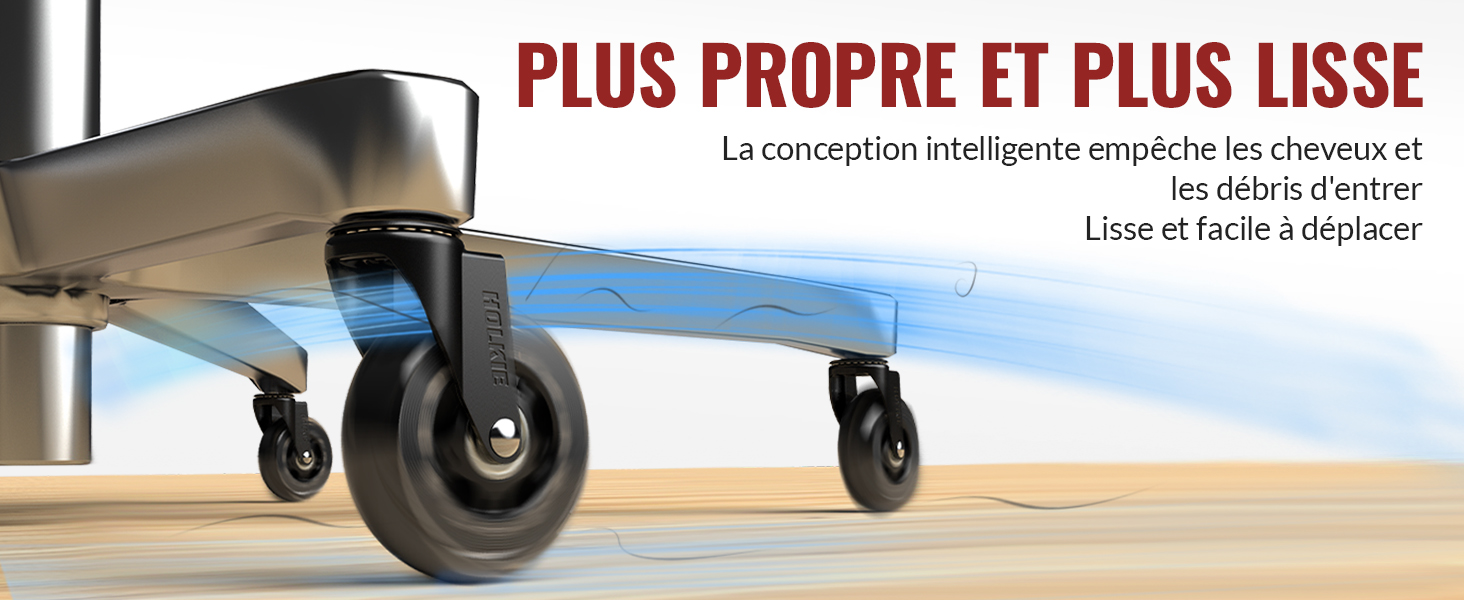 Gros plan de roues à roulement lisse avec housse de protection bleue sur le mobilier ou l'équipement, avec roulettes noires et matériel de montage en métal