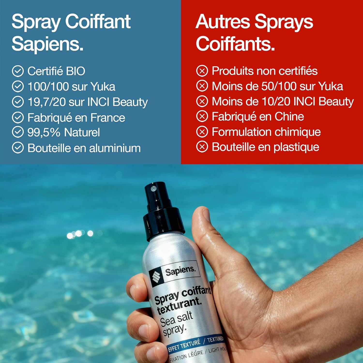 Sapiens - Spray cheveux bio 200ml - texture, volume, kératine, parfum marin