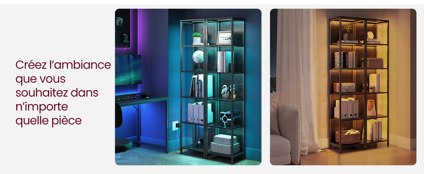 présentées dans deux réglages d'éclairage : l'un avec un éclairage ambiant bleu-violet, l'autre avec un éclairage chaud