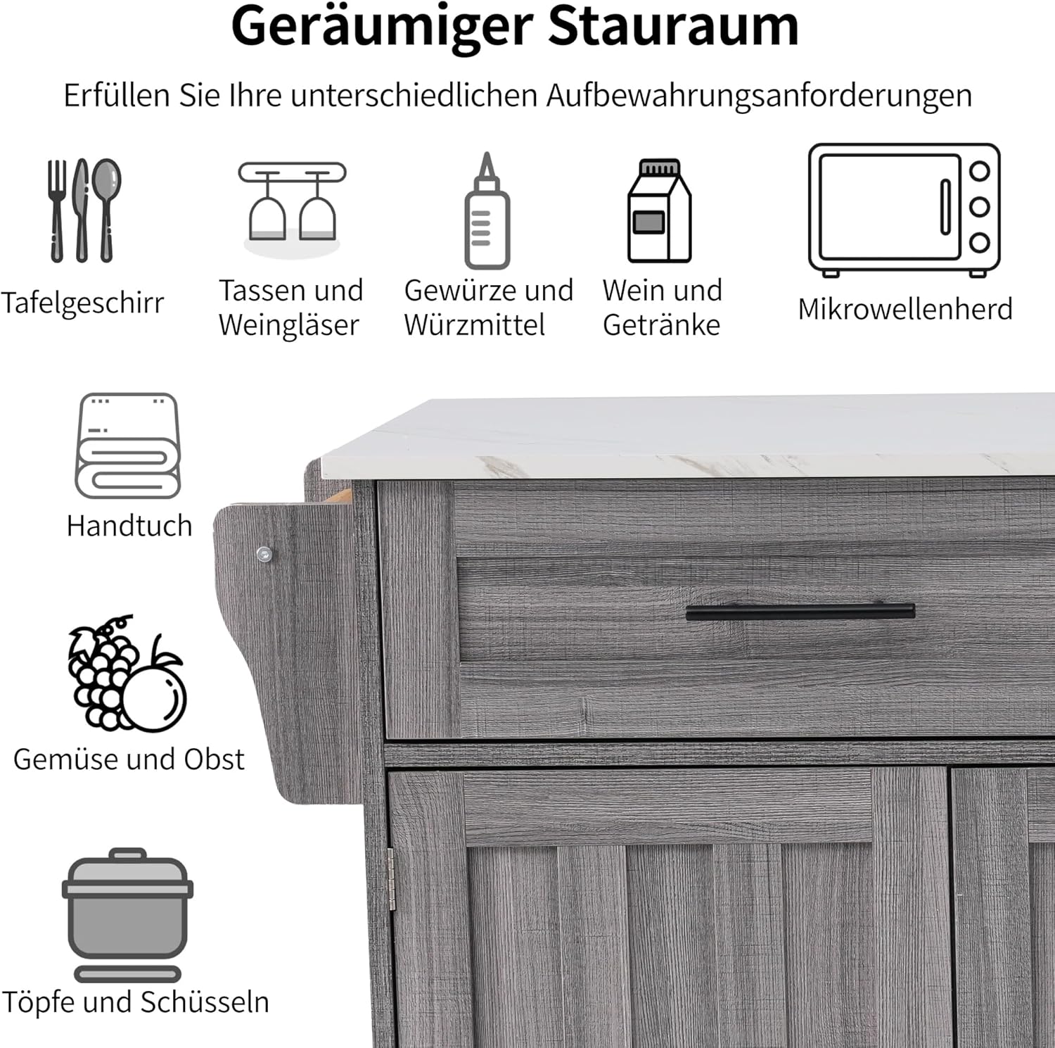 Desserte îlot de cuisine - plans rabattables, 2 tiroirs, 3 casiers - 129x71x91,5cm - gris