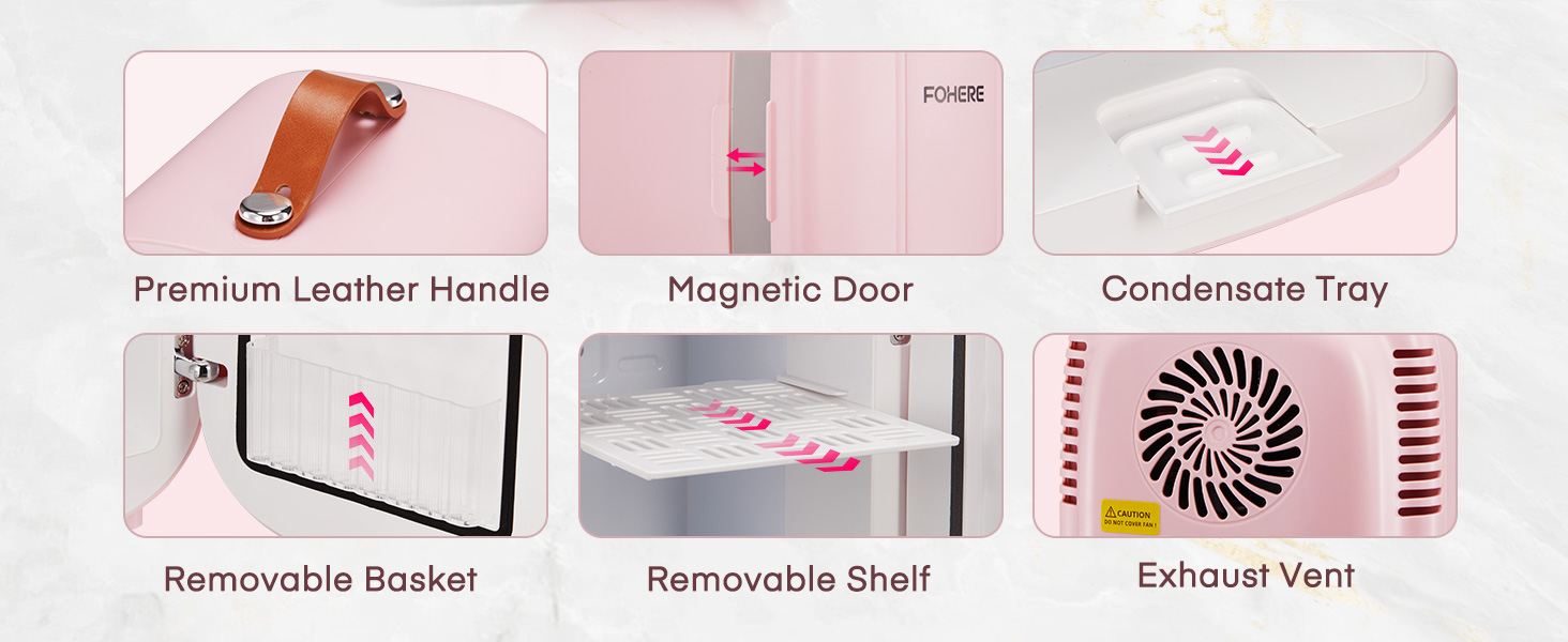 Schéma des caractéristiques du produit à six panneaux d'un appareil rose, présentant une poignée en cuir, une porte magnétique, un bac à condensats, un panier amovible, une étagère amovible et