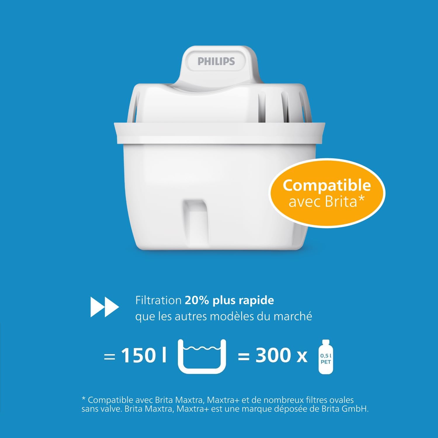 Philips - cartouches filtrantes - lot de 3 - anti-microplastiques, calcaire, chlore, métaux lourds, compatible Brita