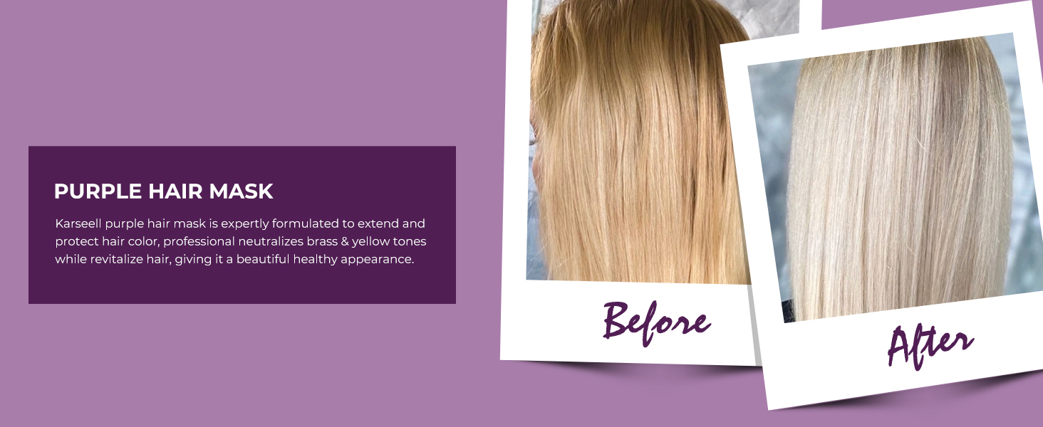 Comparaison des produits de masques capillaires violets montrant les résultats avant et après sur des échantillons de cheveux blonds