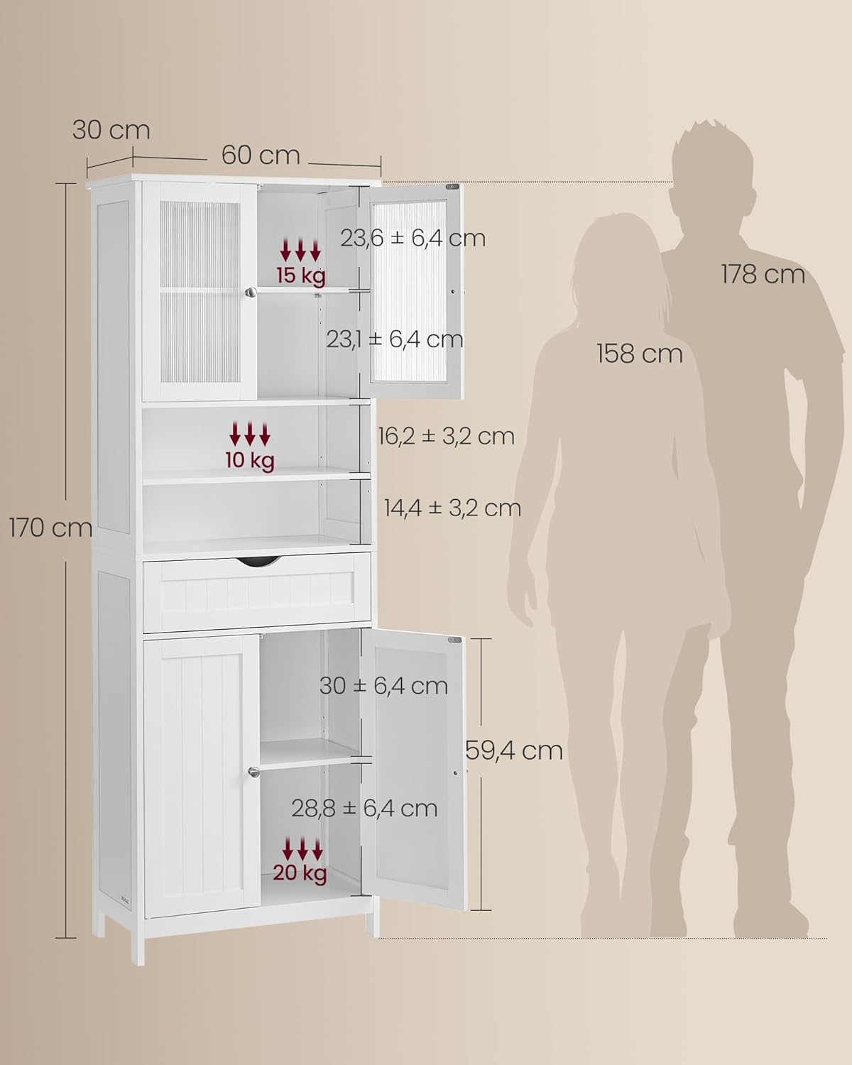 VASAGLE - Armoire salle de bain réglable, tiroir, blanc, 60x30x80cm BBC768W01