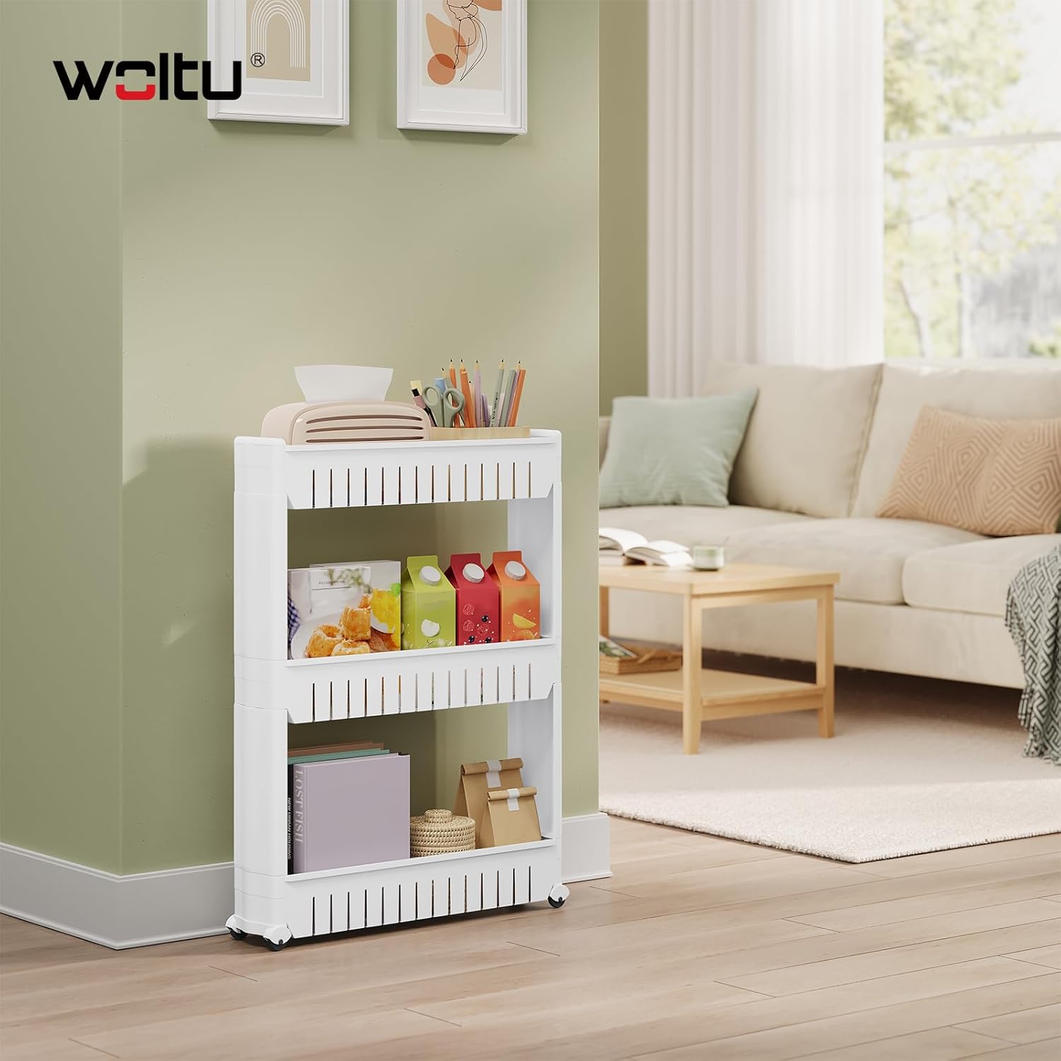 WOLTU - Étagère à roulettes 3 compartiments, compact, blanc