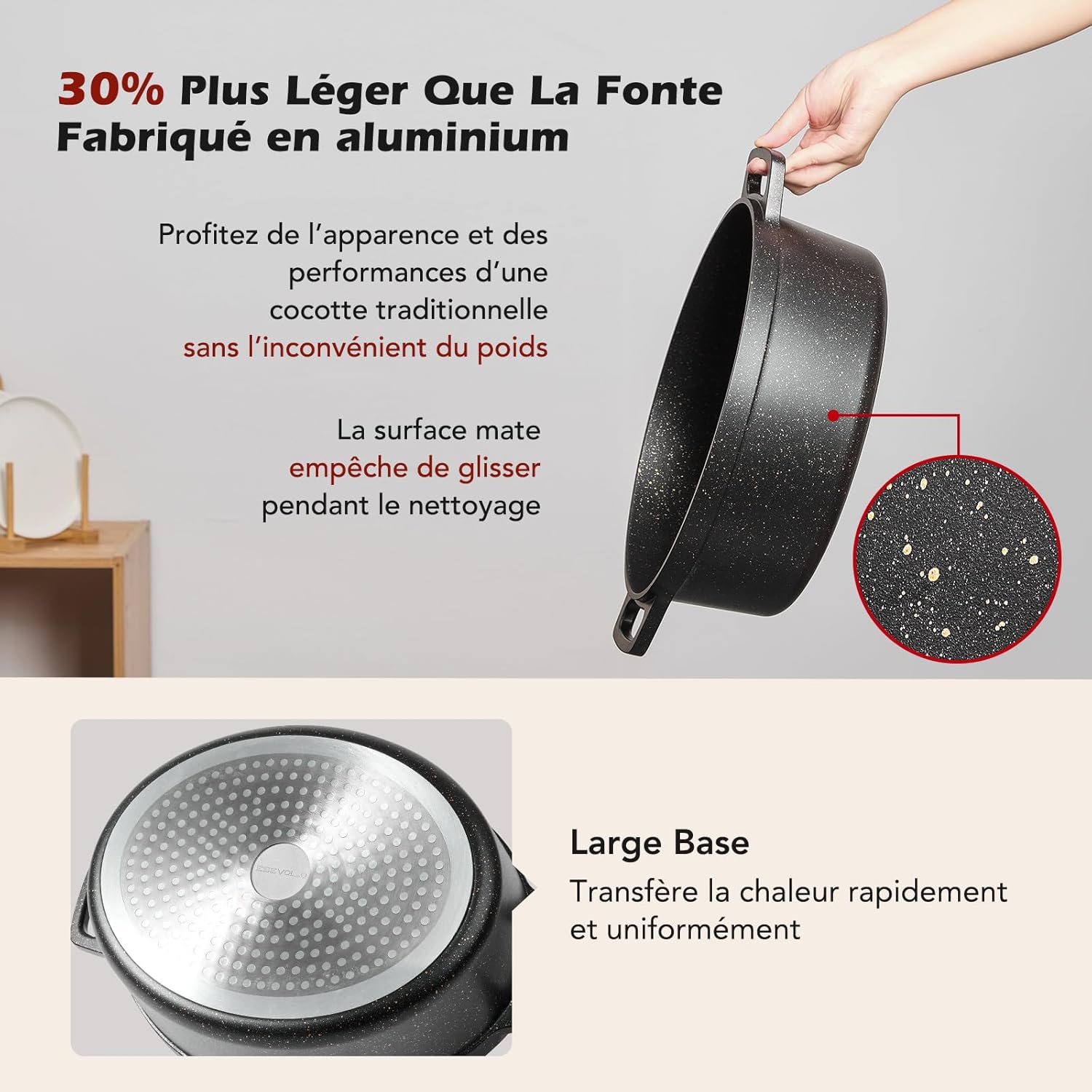 Cocotte fonte aluminium ovale 31cm 6,3L, antiadhésive, noir