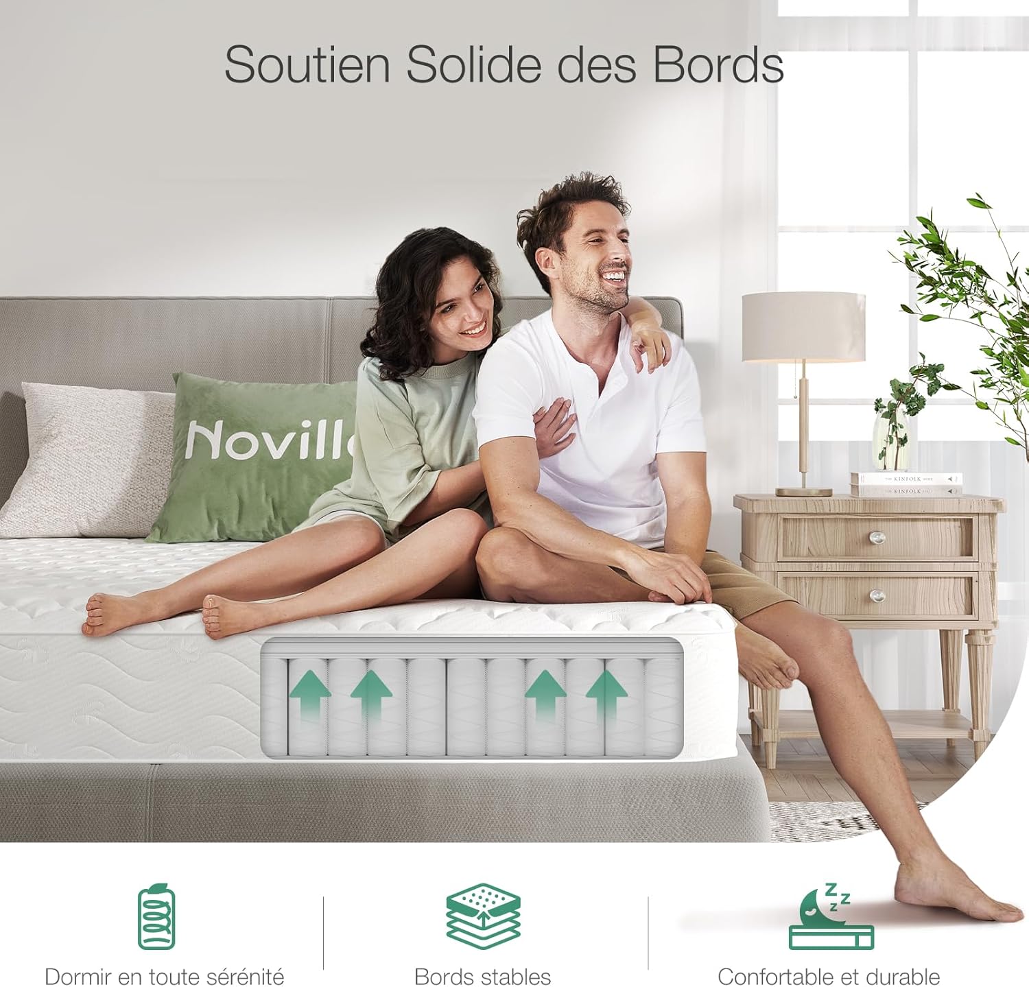 Novilla - Matelas série 3 zones - 90x200 cm - Ressorts ensachés, mi-ferme, isolation mouvement