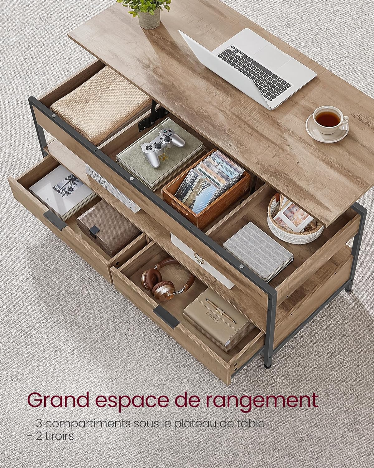 VASAGLE - table basse série LCT252K02 - 50x120cm - plateau relevable, tiroirs, rangements, marron/noir - LCT252K02