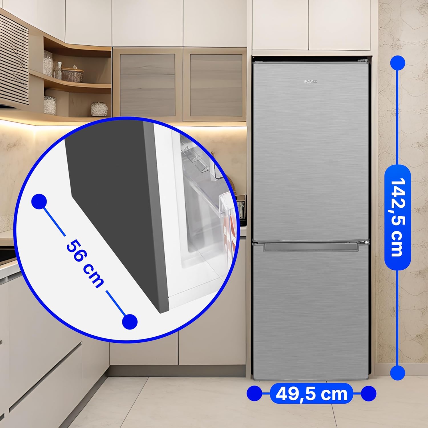 Bomann - réfrigérateur combiné inox 142,5x49,5x56 cm - 173L, LED, alarme, économie KG7359