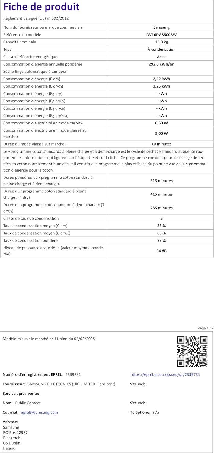 Samsung - Sèche-linge AI Dry, pompe chaleur, WiFi, 16kg, 68.6x98.4x84.4cm - DV16DG8600BW/U3