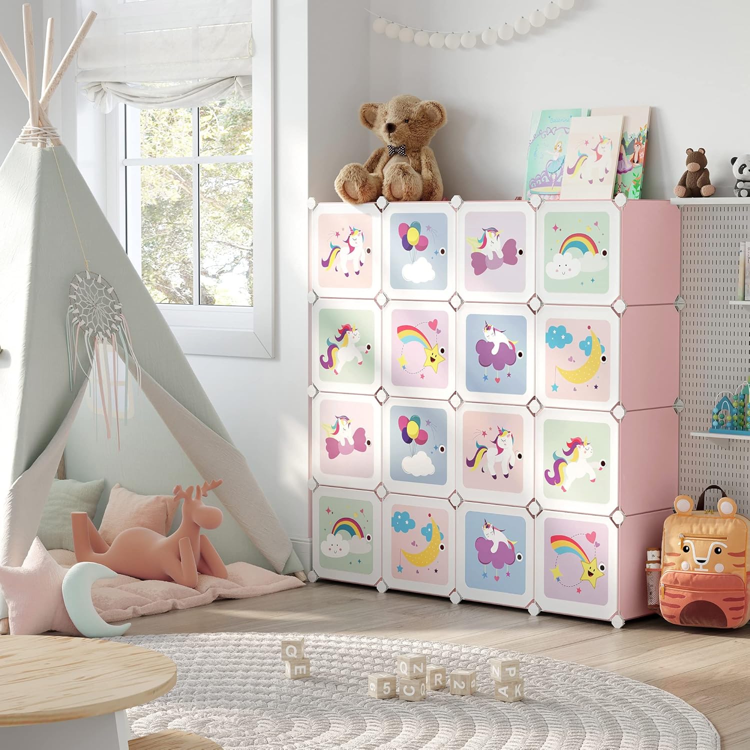 SONGMICS - armoire modulable enfant - 123x31x123cm - 16 cubes, portes, rose LPC906P01