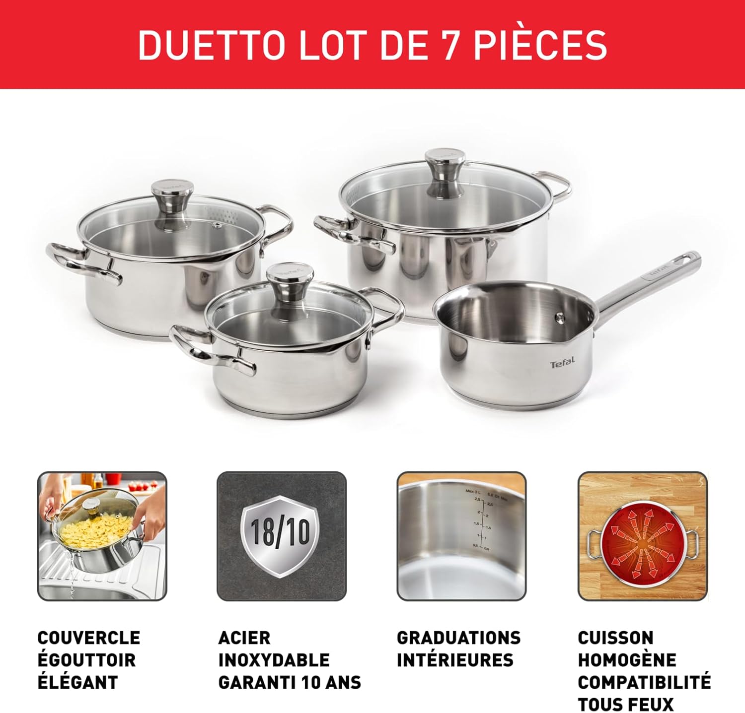 Tefal - Duetto - batterie cuisine 7 pièces inox induction - A705A835