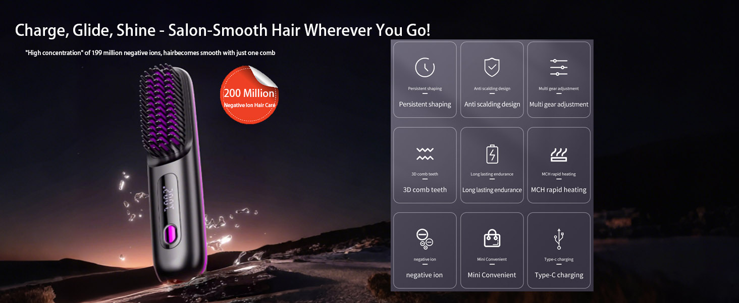 à poils violets sur fond foncé, dotée d'une interface des caractéristiques du produit avec un menu à six icônes.