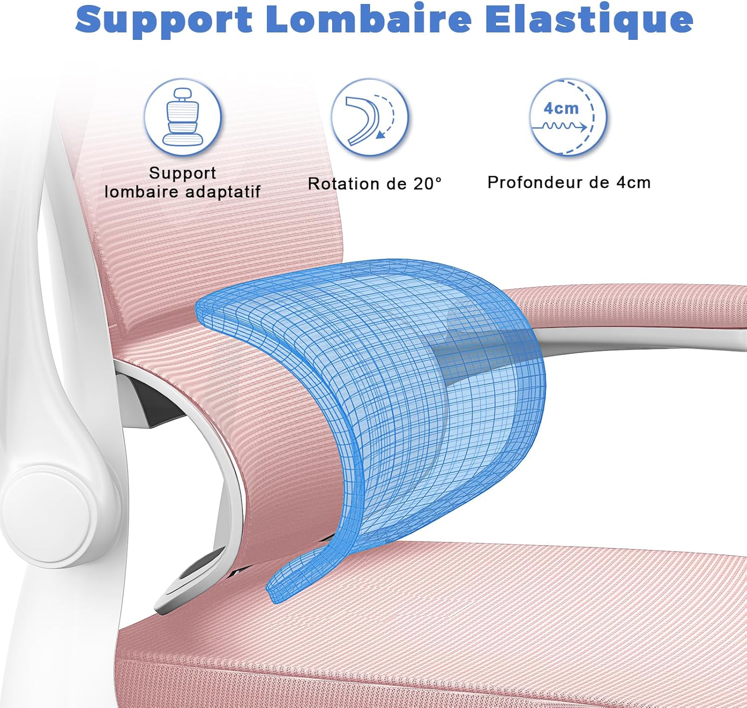 Chaise de bureau ergonomique - support lombaire réglable - appui-tête & accoudoirs ajustables - maille respirante, rose