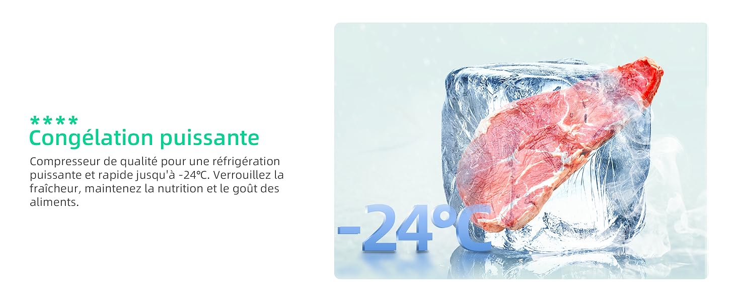 Viande crue partiellement recouverte de glace, avec un texte indiquant une puissante capacité de congélation et une température de -24°