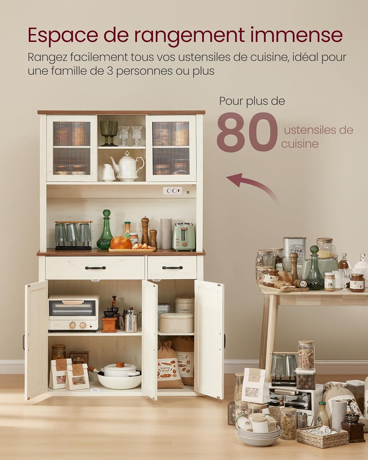 VASAGLE - meuble de rangement éclairé blanc/marron - 39,5x106,5x180,6 cm - portes, tiroirs, étagères réglables - BBK391W