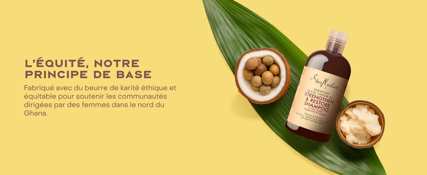 Le texte se lit comme suit : « L'ÉQUITÉ, NOTRE PRINCIPE DE BASE ». Image du produit montrant des bouteilles brunes et des ingrédients naturels affichés sur une feuille verte.
