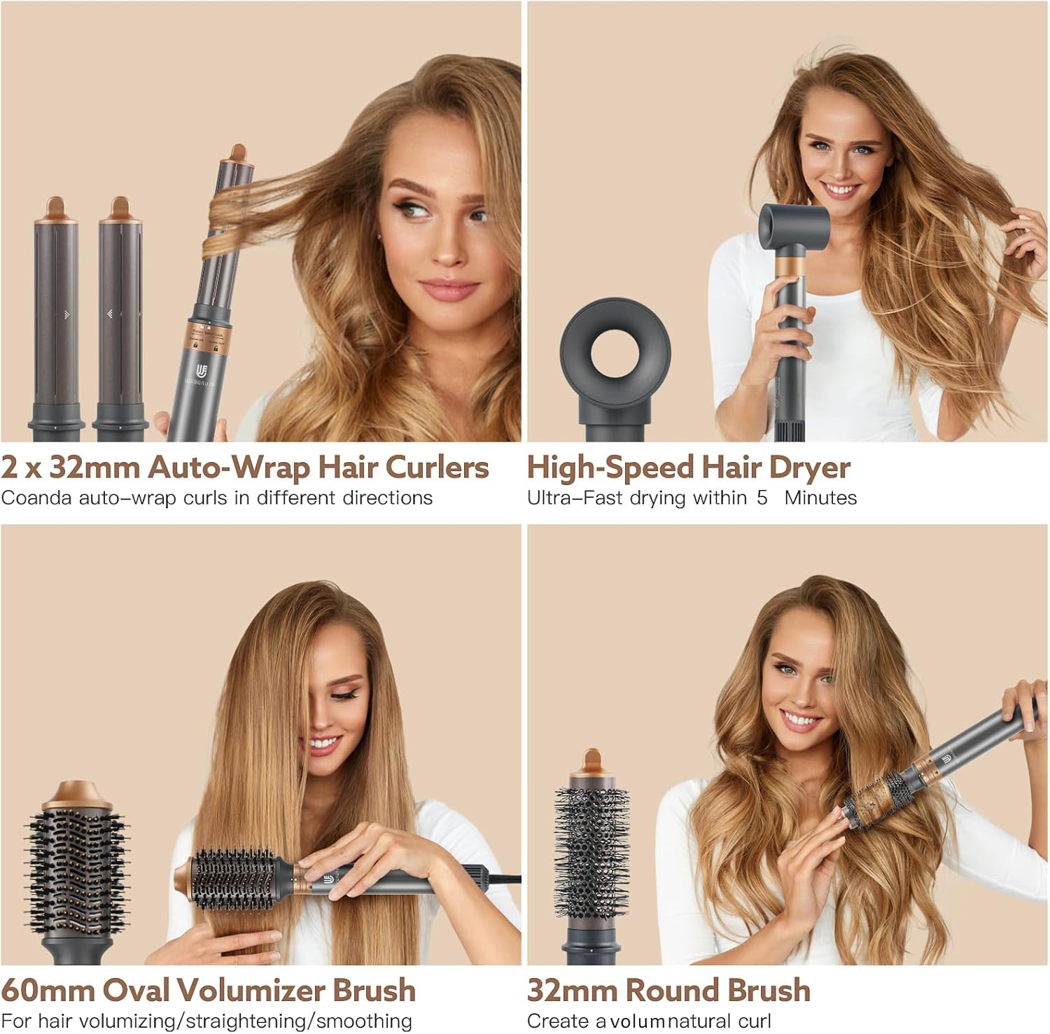 WeBeauty - Air Styler 6 en 1 - 30m/s, ions négatifs, 110000 tr/min, boucleur volumisant