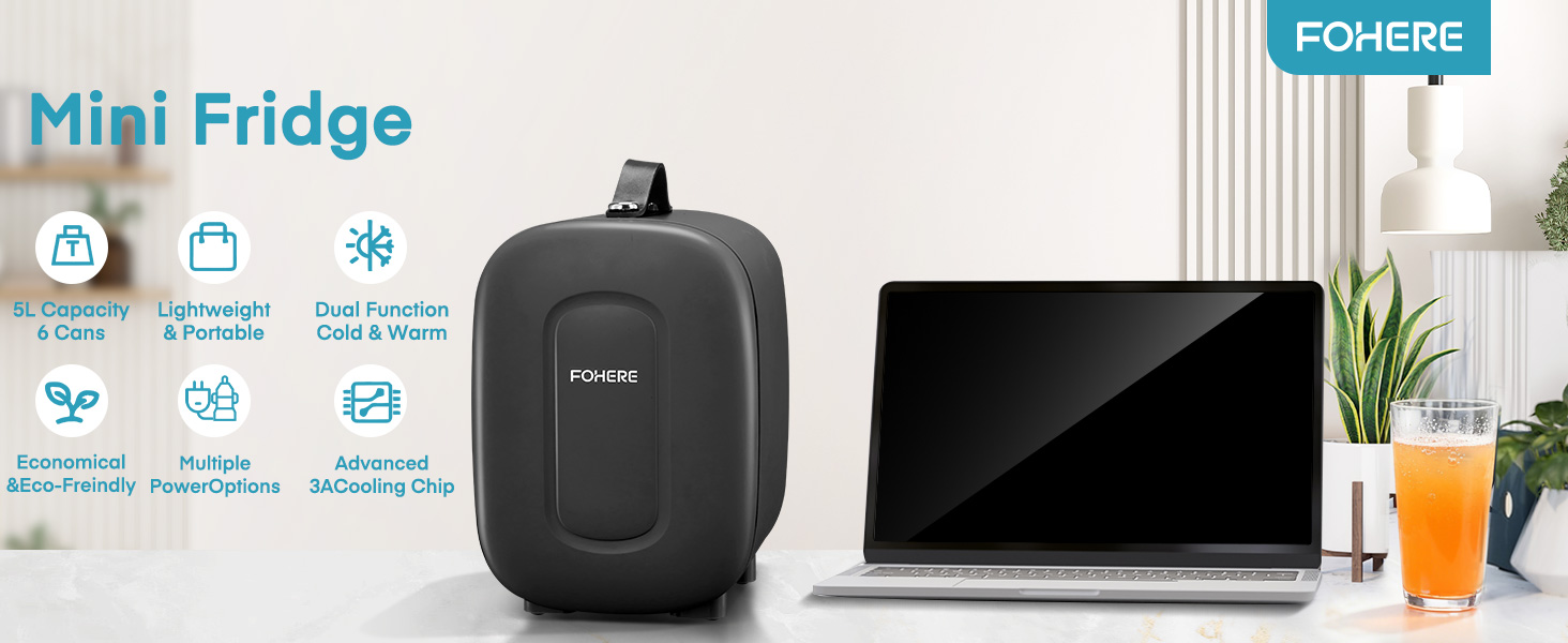 Le texte indique « Mini-réfrigérateur » et « FOHERE ». Présentation du produit d'un mini-réfrigérateur noir compact avec affichage numérique, présenté sous plusieurs angles avec des icônes indiquant les capacités de refroidissement.