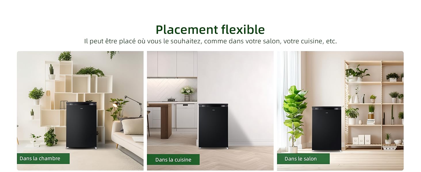Trois images montrant un appareil rectangulaire noir dans différents environnements domestiques : sur un comptoir de cuisine, dans un salon et sur des étagères en bois avec des plantes.