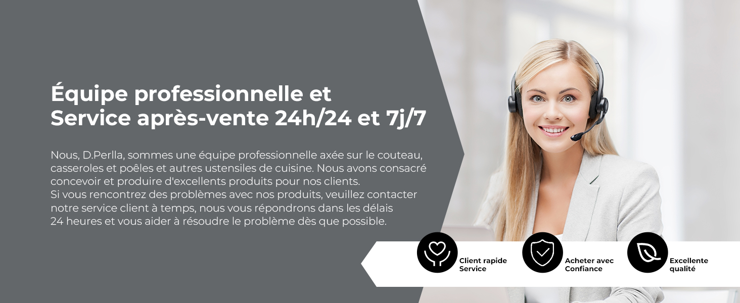 Femme avec un casque souriant à la caméra. Texte en français sur l'équipe professionnelle et le service après-vente 24h/24 et 7j/7. Trois icônes circulaires ci-dessous avec la description des services.