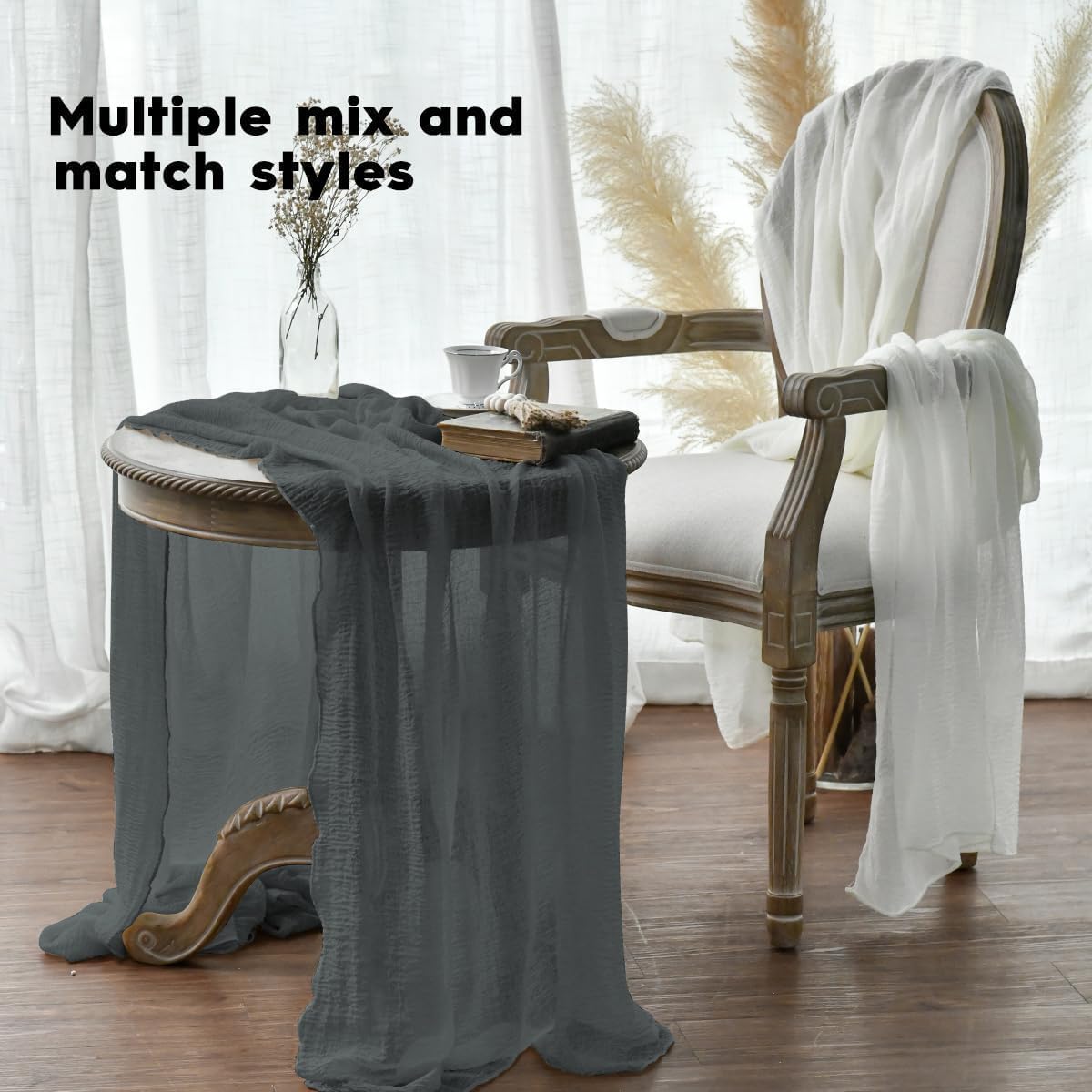 Artoid Mode - Chemins de Table Bohême - 300 cm - mousseline gaze grise, déco table fête