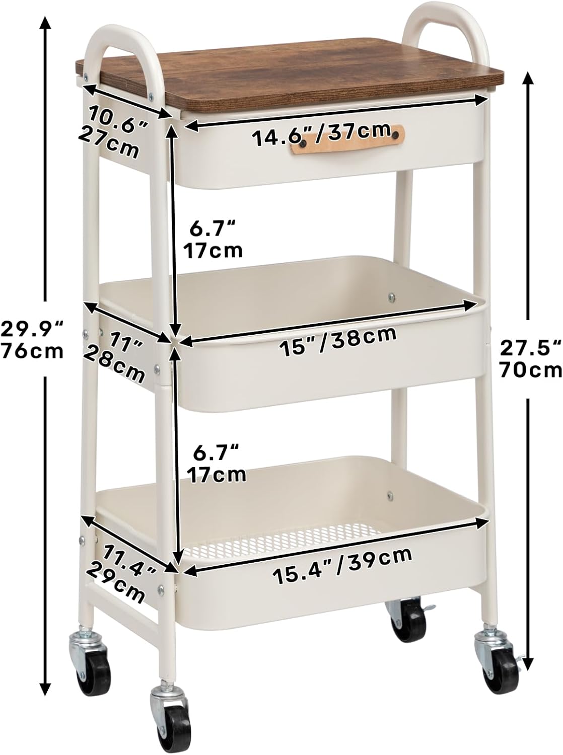 DOEWORKS - chariot de rangement 3 niveaux métal, tiroir, blanc