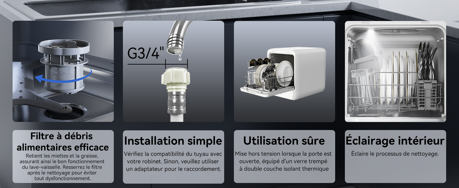 Image composite présentant les caractéristiques du lave-vaisselle : filtre à débris, connecteur d'installation simple, description de l'utilisation sûre et éclairage intérieur pour une meilleure visibilité pendant le chargement et le déchargement