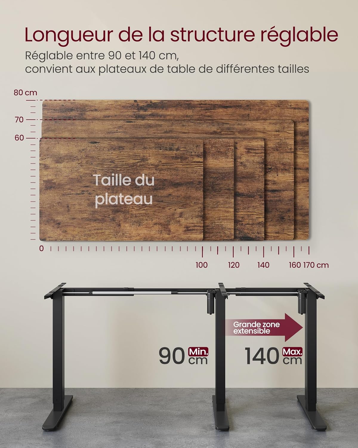 VASAGLE - cadre de bureau assis-debout acier, mémoire 3 hauteurs, 2 crochets, dimensions personnalisables, LSD021B01V2