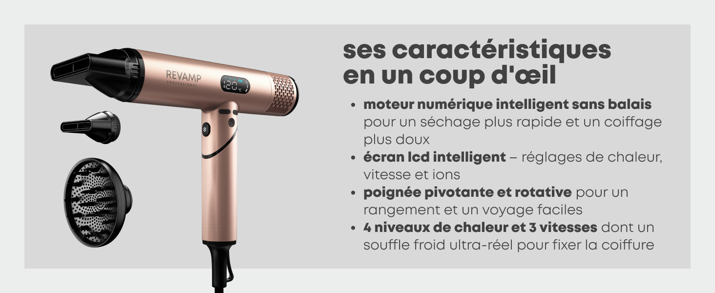 Sèche-cheveux professionnel présenté en noir sur fond blanc avec le texte français « ses caractéristiques en un coup d'œil » (ses caractéristiques en un coup d'œil).