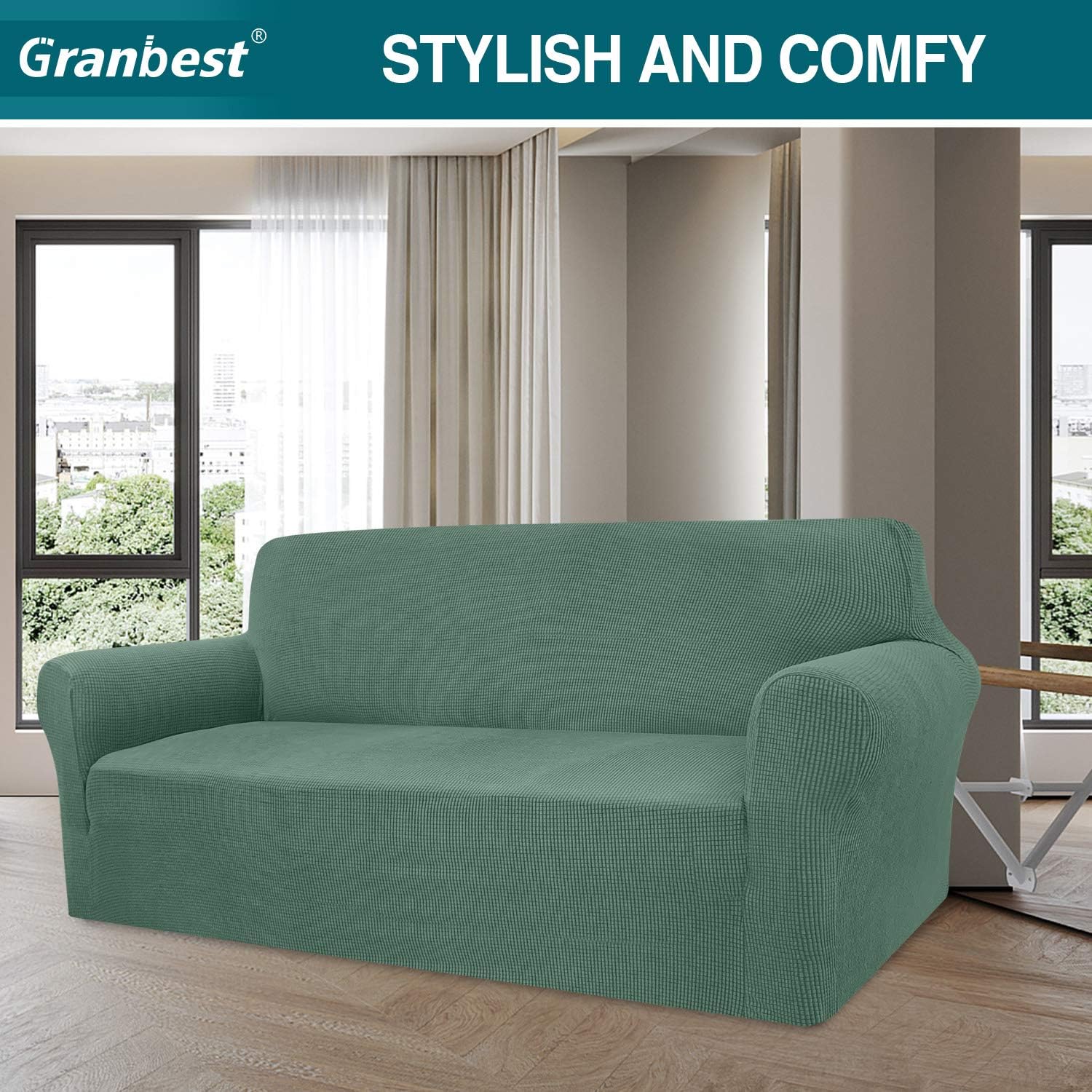 Granbest - housse de canapé jacquard 3 places - élastique, vert sauge