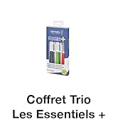 Boîte bleue étiquetée « Coffret Trio Les Essentiels+ » contenant trois articles colorés ressemblant à des marqueurs visibles à travers